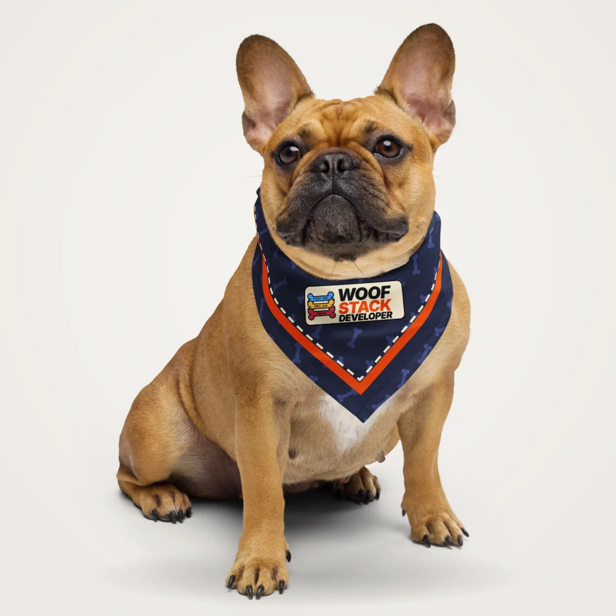 Woof Stack Developer Bandana pet bandana in a styled photo