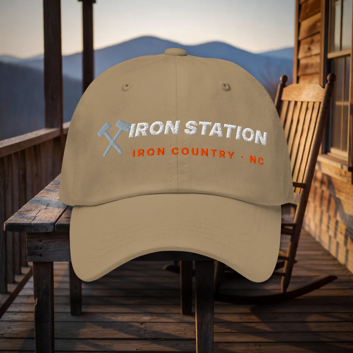W7 Iron Station Dad Hat in Khaki, a styled photo