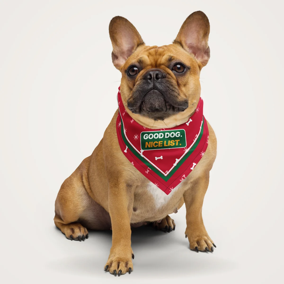 Good Dog. Nice List. Bandana pet bandana in a styled photo