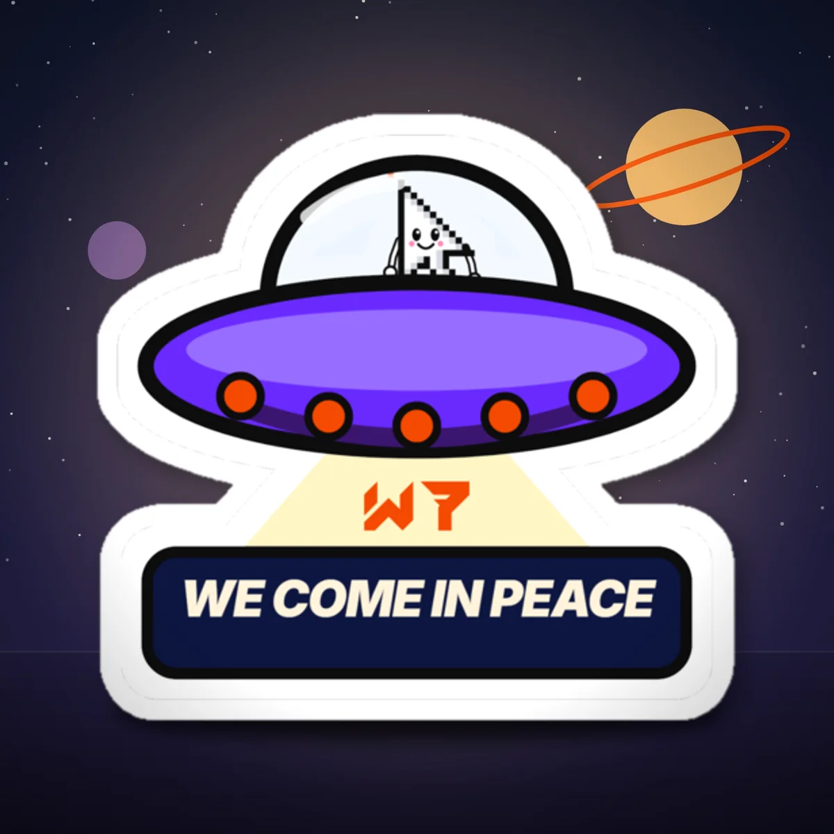 We Come In Peace Sticker sticker in a styled photo