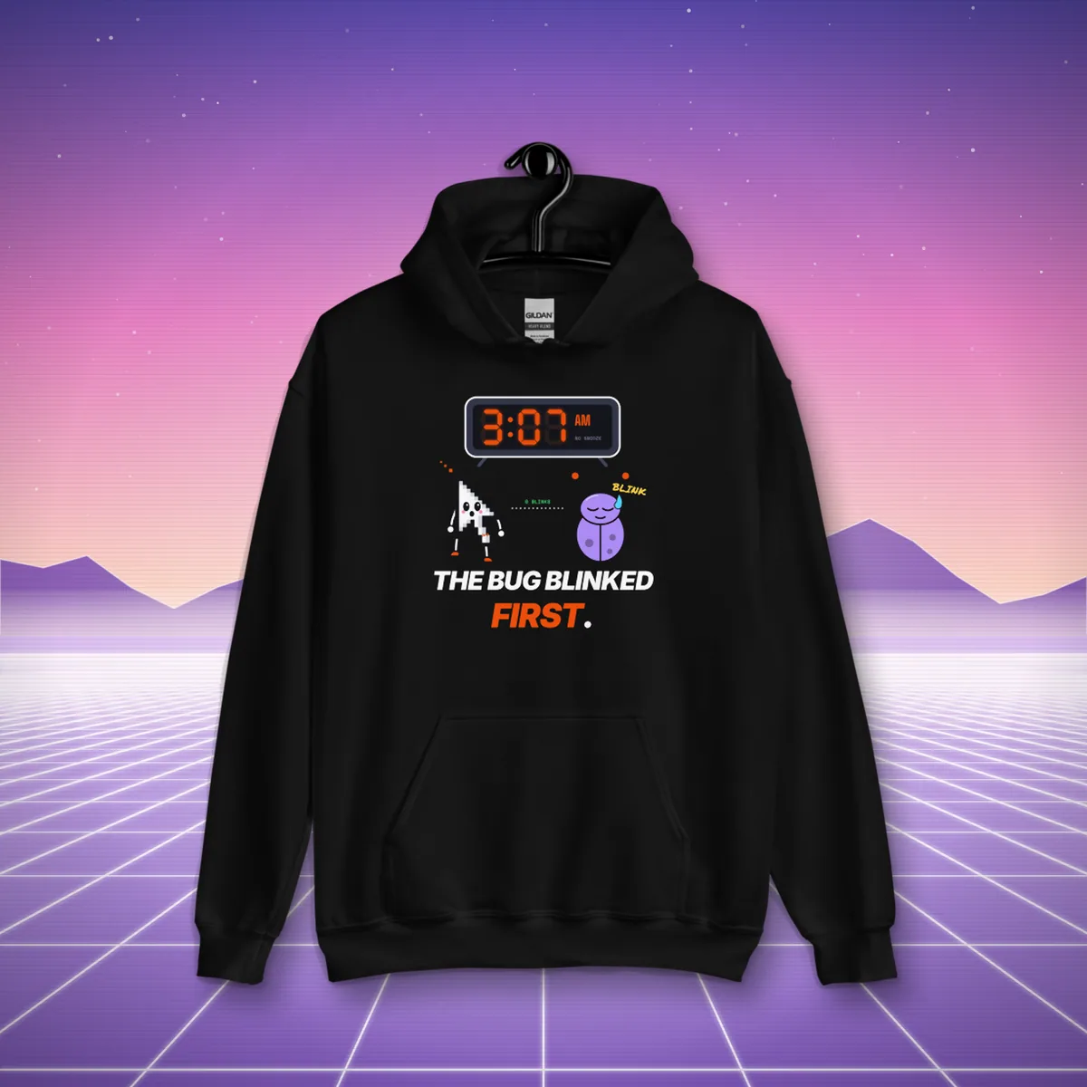 The Bug Blinked First Hoodie hoodie in a styled photo