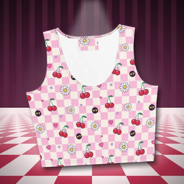 Cherry Pop Crop Top all over print crop top in a styled photo