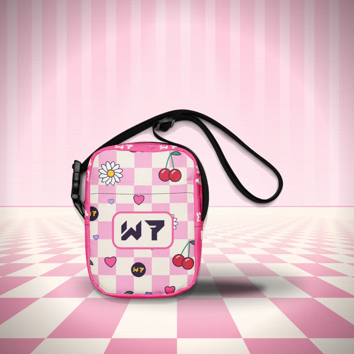 Cherry Pop Crossbody Bag all over print crossbody bag in a styled photo