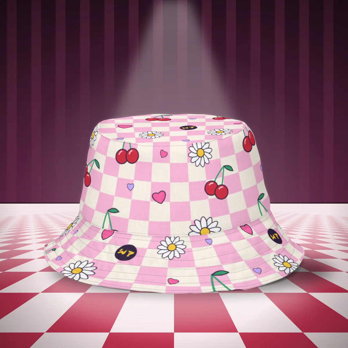 W7 Flip Bucket Hat, Cherry Pop Hat, a styled photo