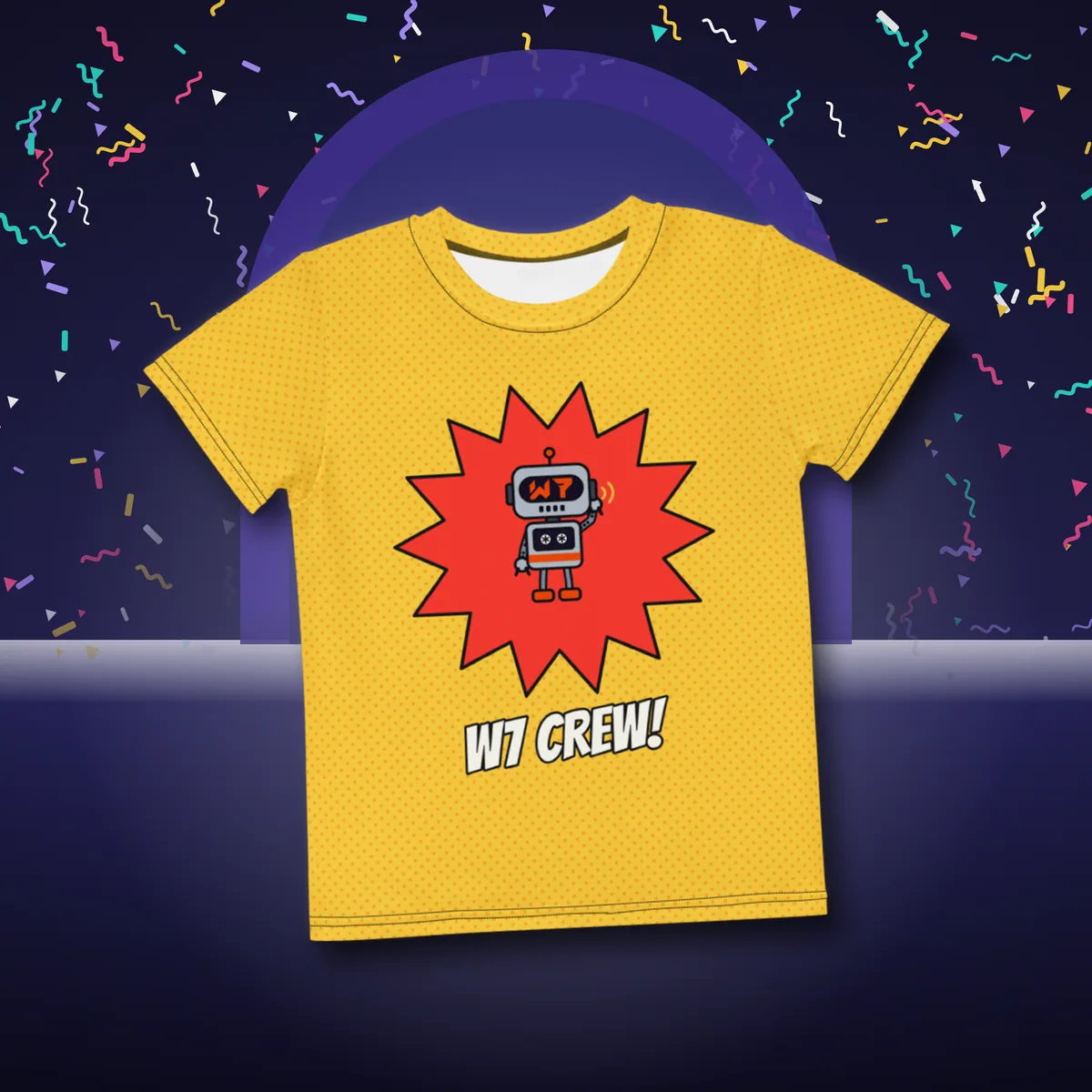 W7 Crew Comic Kids Tee all over print in a styled photo