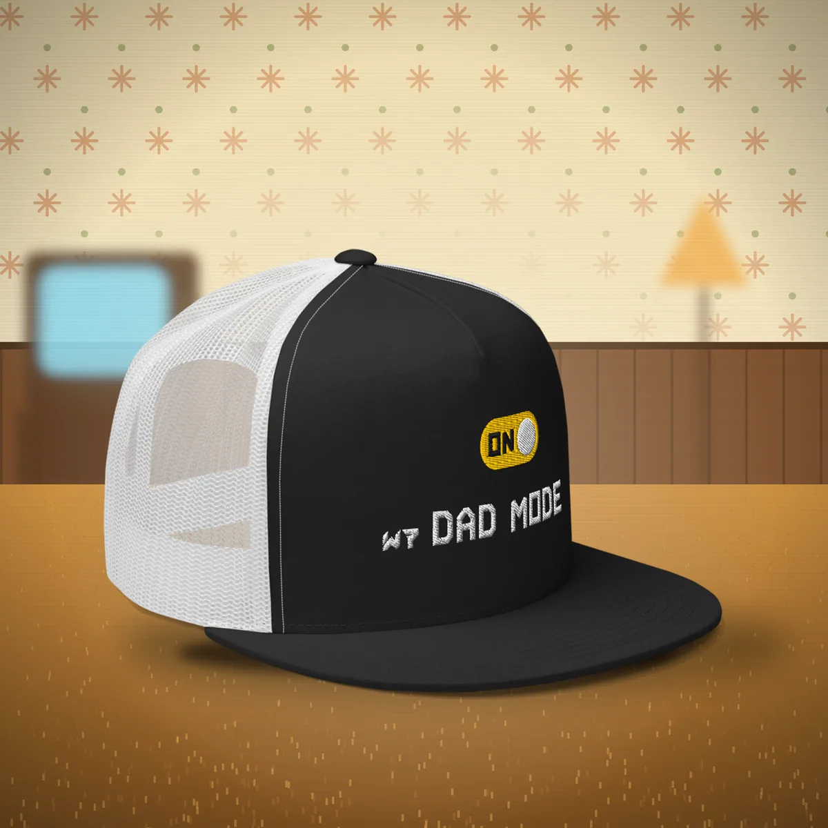 W7 Dad Mode Trucker Hat in Black/White, a styled photo