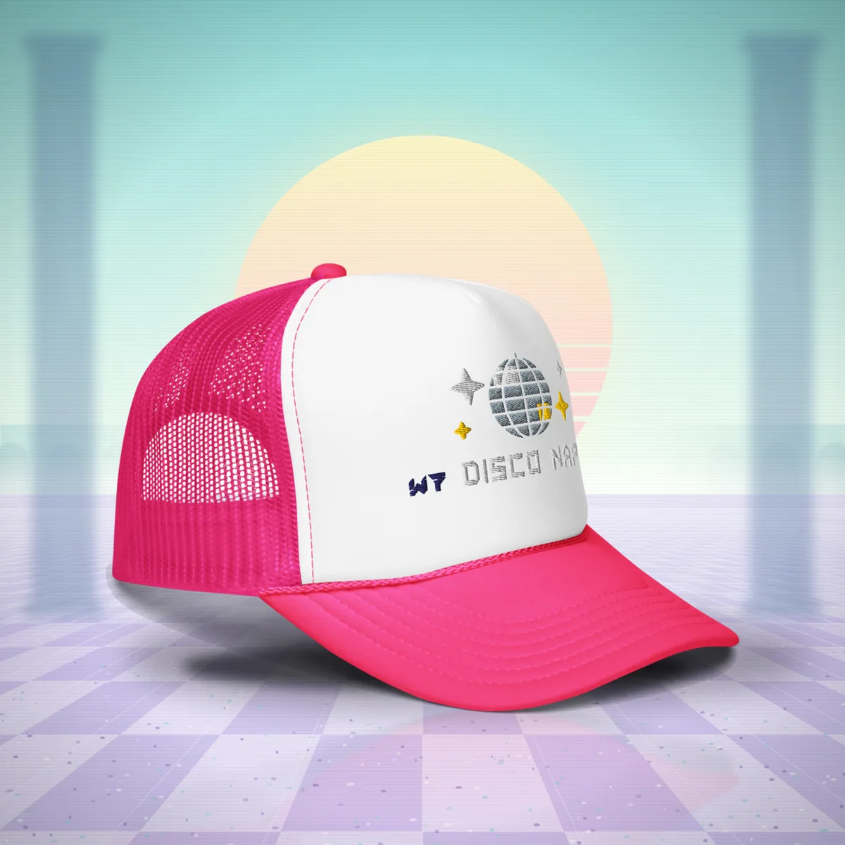 W7 Disco Nap Trucker Hat in Hot Pink/White/Hot Pink, a styled photo