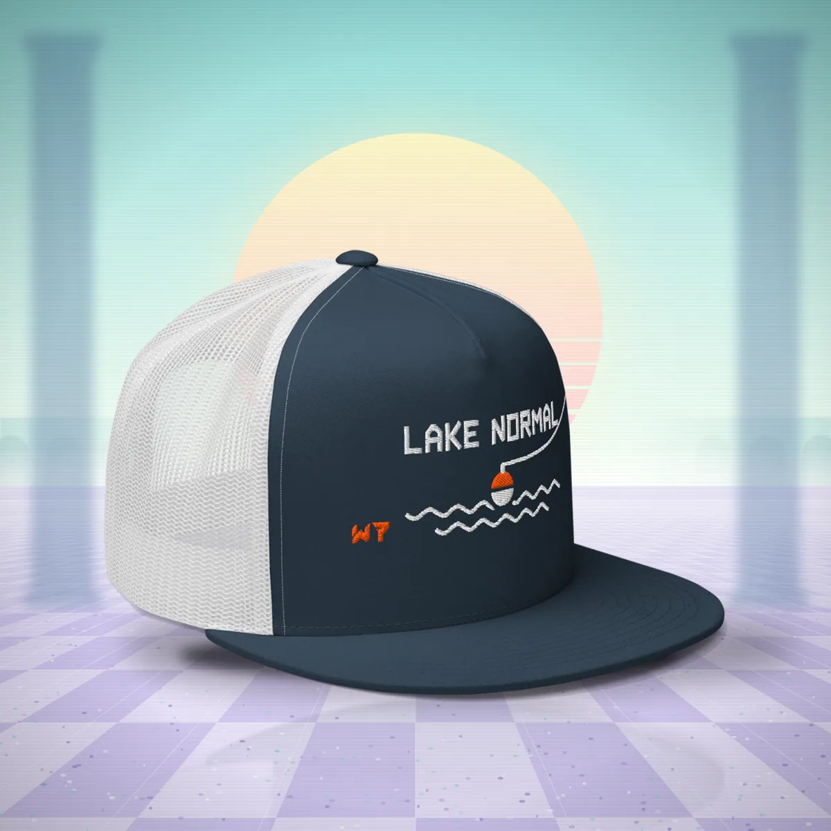 W7 Lake Normal Trucker Hat in Navy/White, a styled photo