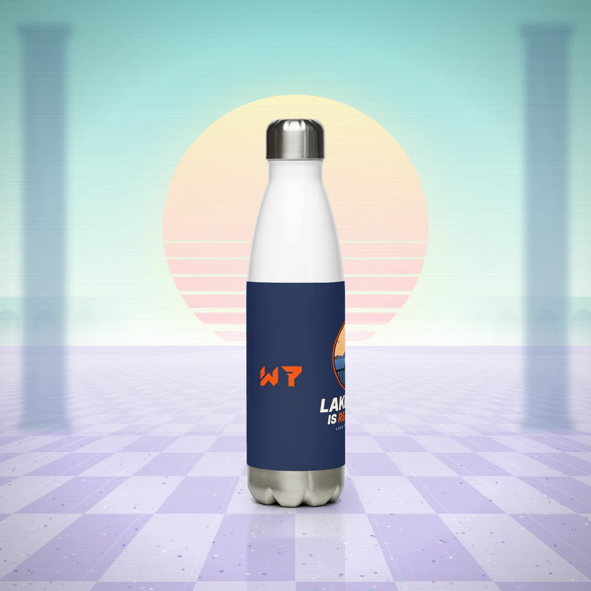 Lake Time Water Bottle water bottle in a styled photo
