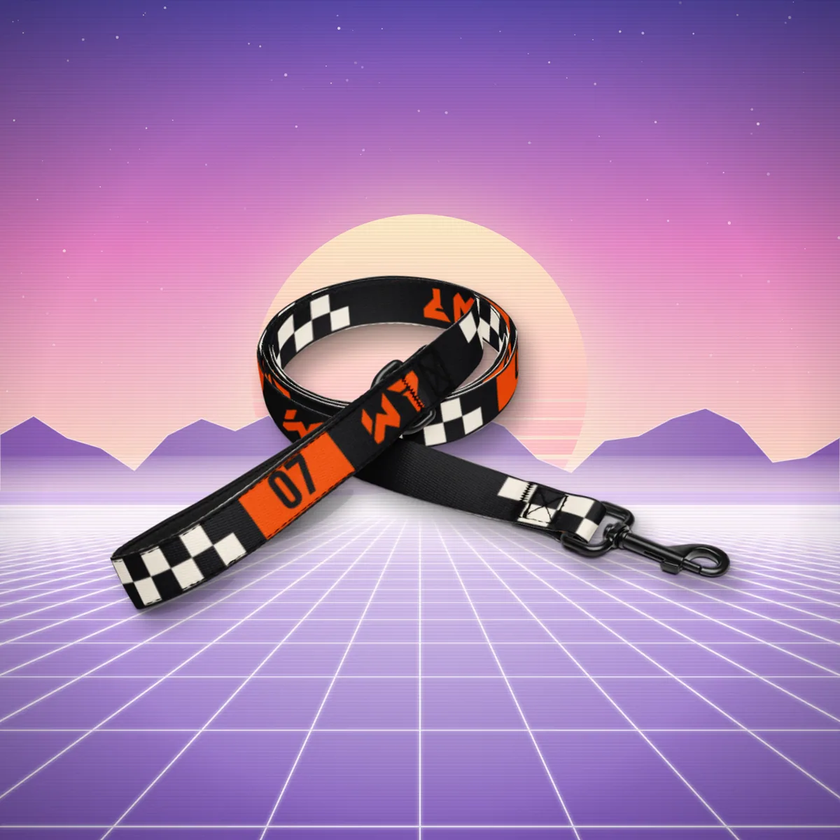 07 Moto Dog Leash all over print in a styled photo