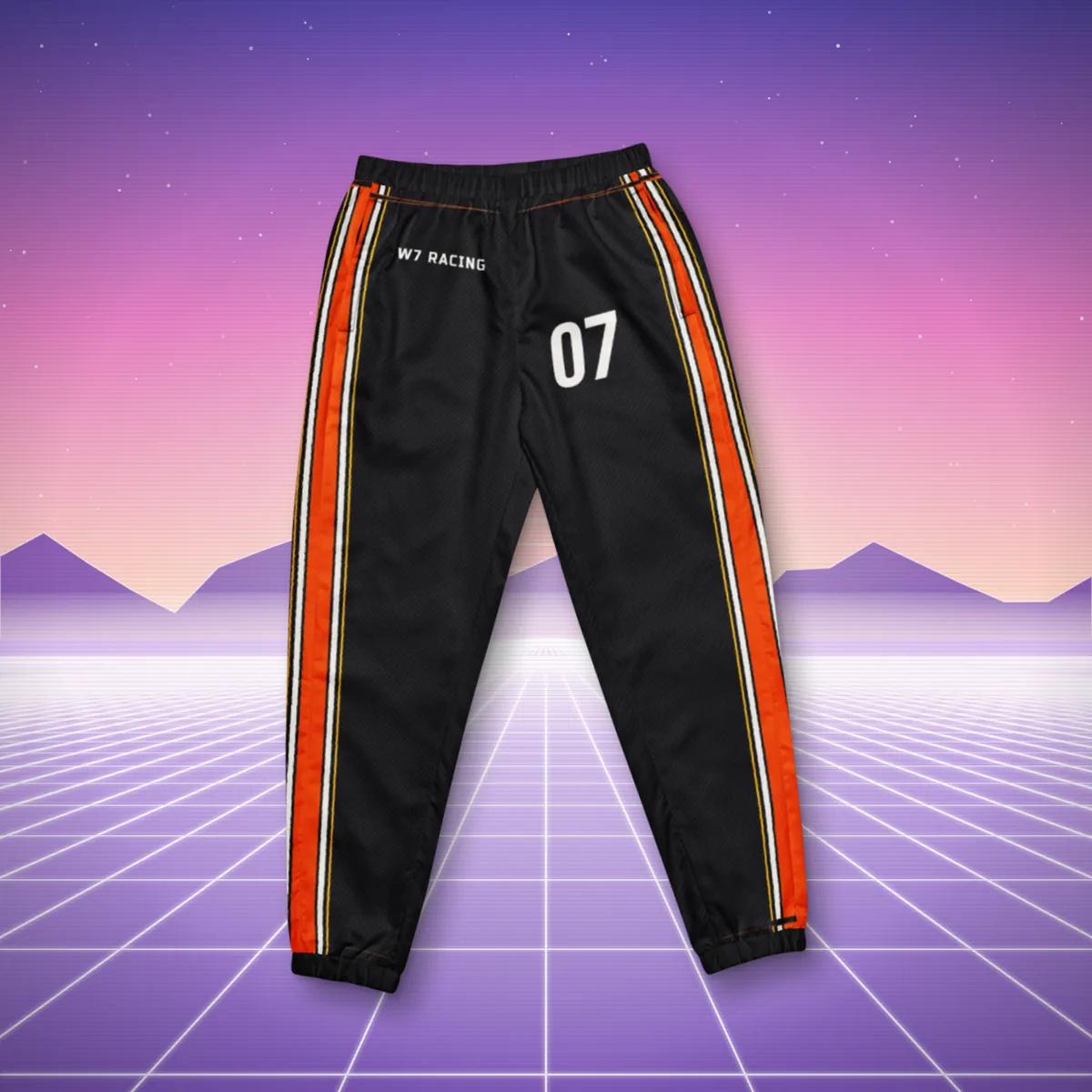 07 Moto Track Pants all over print track pants in a styled photo