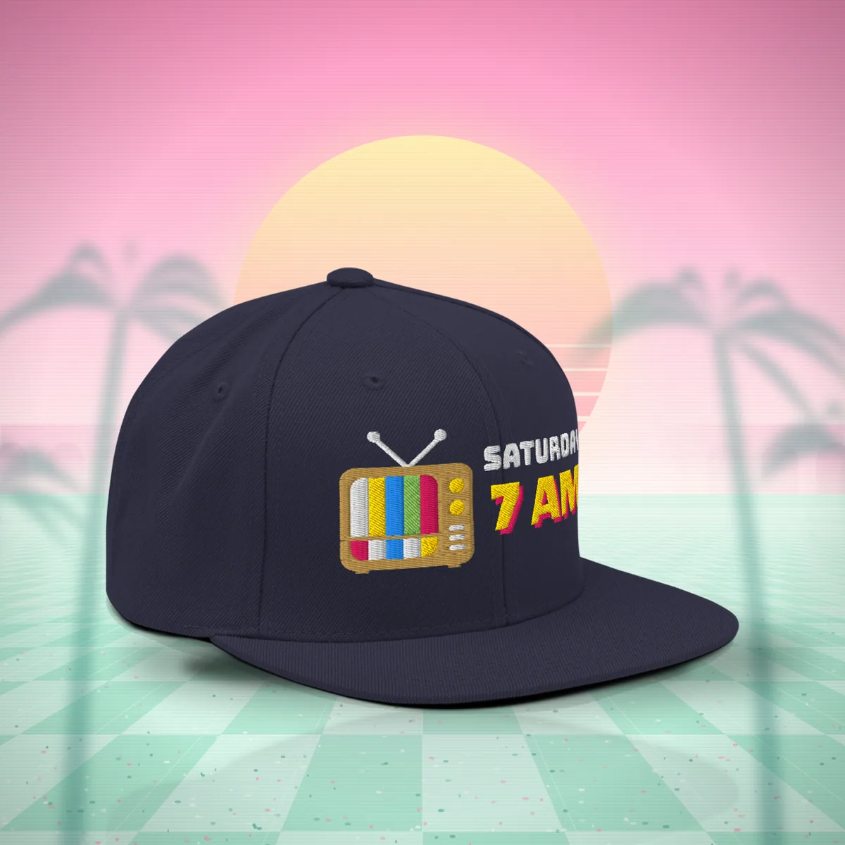 W7 Saturday 7 AM Snapback Hat in Navy, a styled photo