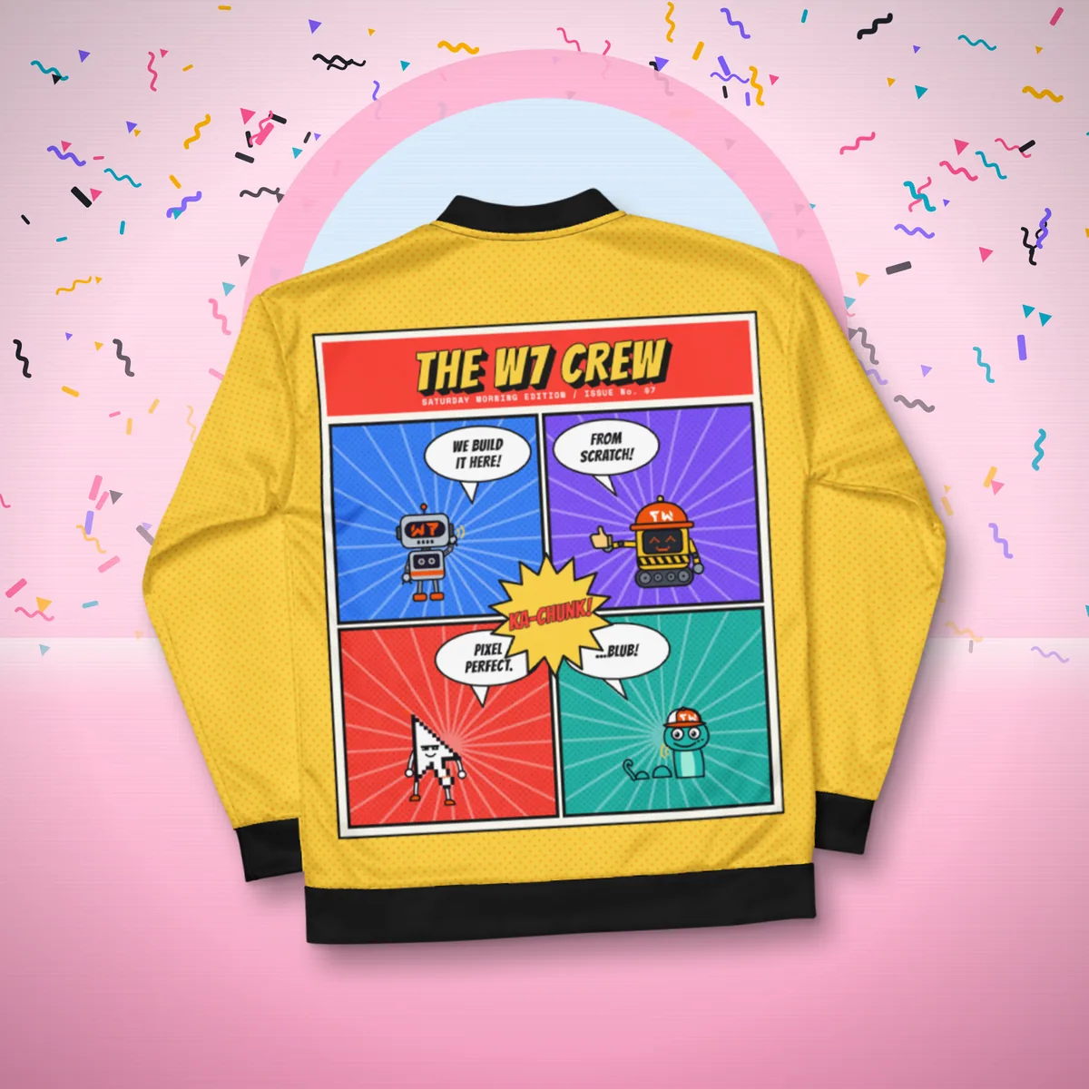 Saturday Crew Comic Bomber Jacket all over print bomber in a styled photo