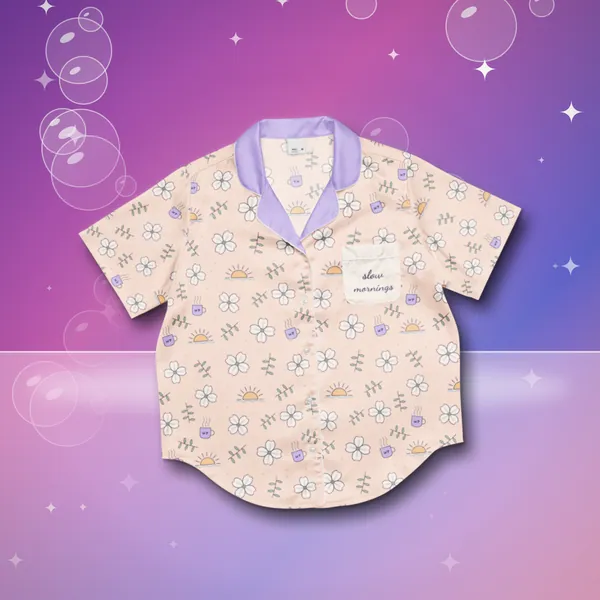 Slow Mornings Pajama Top all over print pajama top in a styled photo