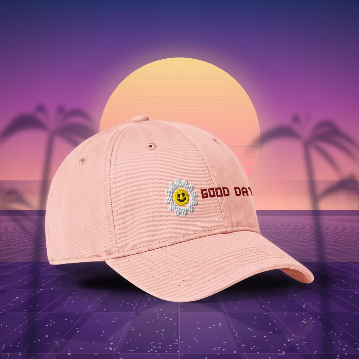 W7 Smiley Daisy Washed Cap in Peachy, a styled photo