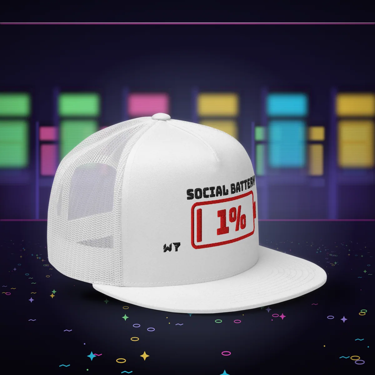 W7 Social Battery Trucker Hat, a styled photo