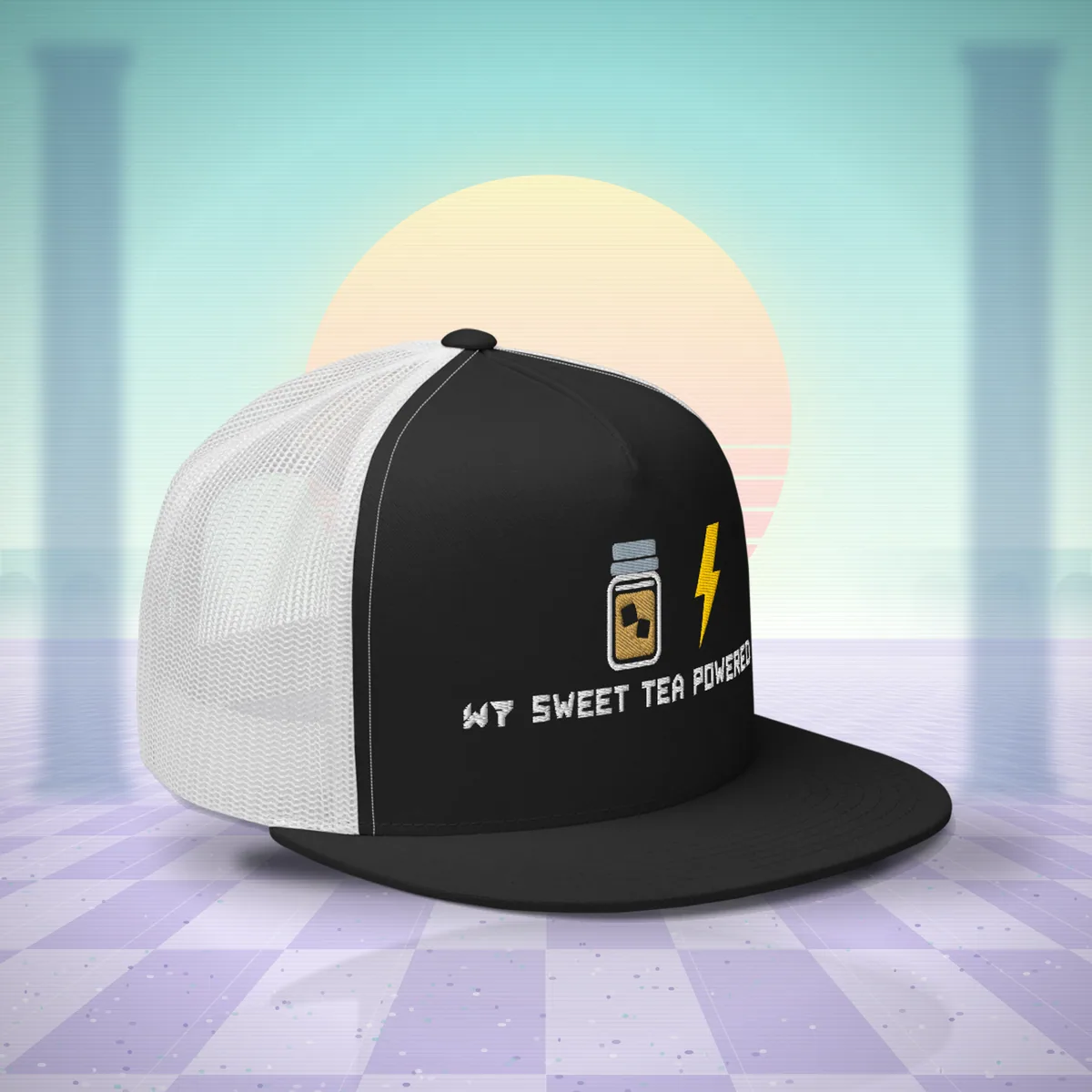 W7 Sweet Tea Powered Trucker Hat in Black/White, a styled photo