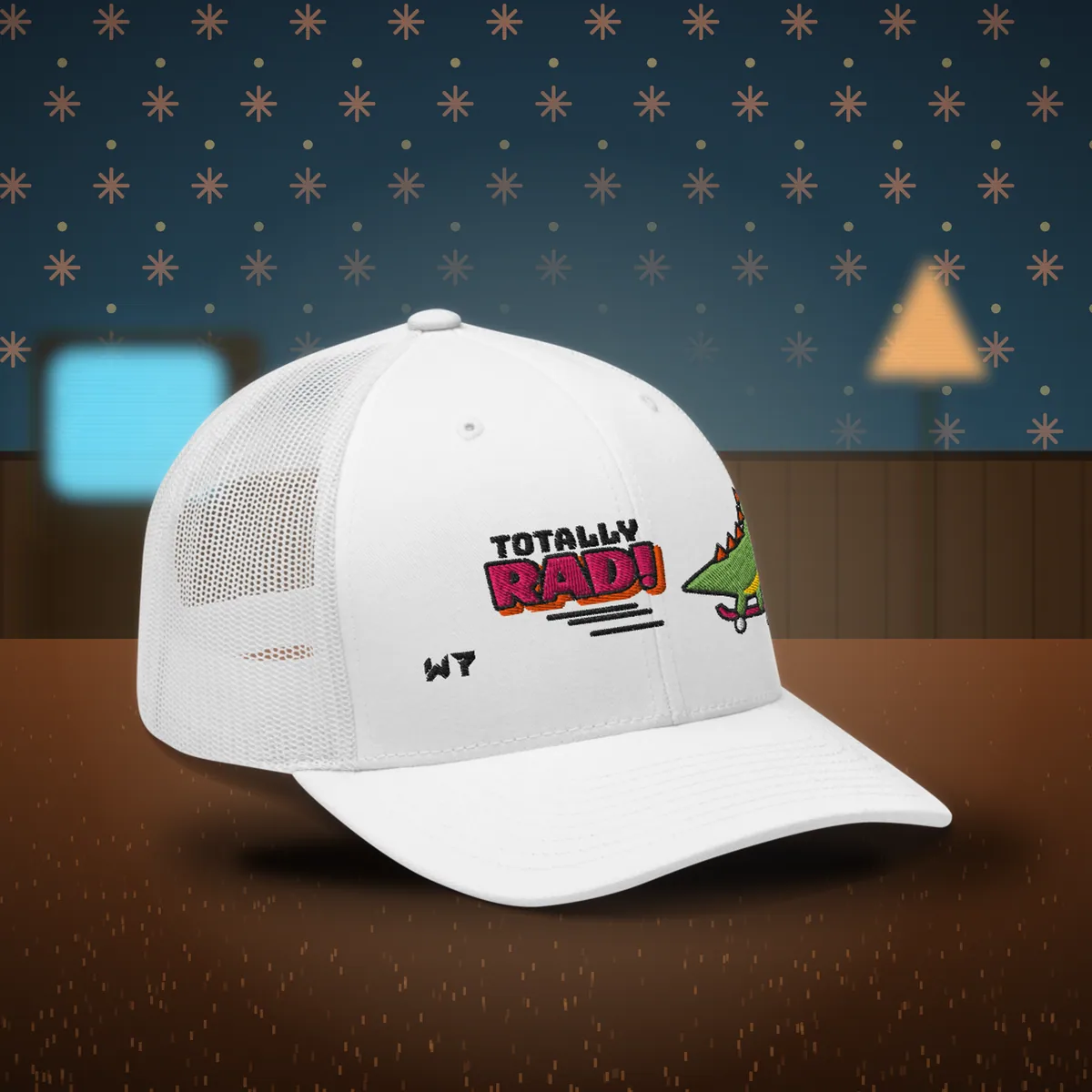 W7 Totally Rad Trucker Hat in White, a styled photo
