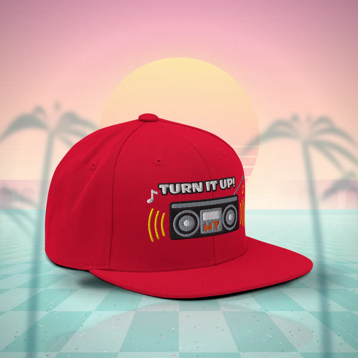 W7 Turn It Up Snapback Hat in Red, a styled photo
