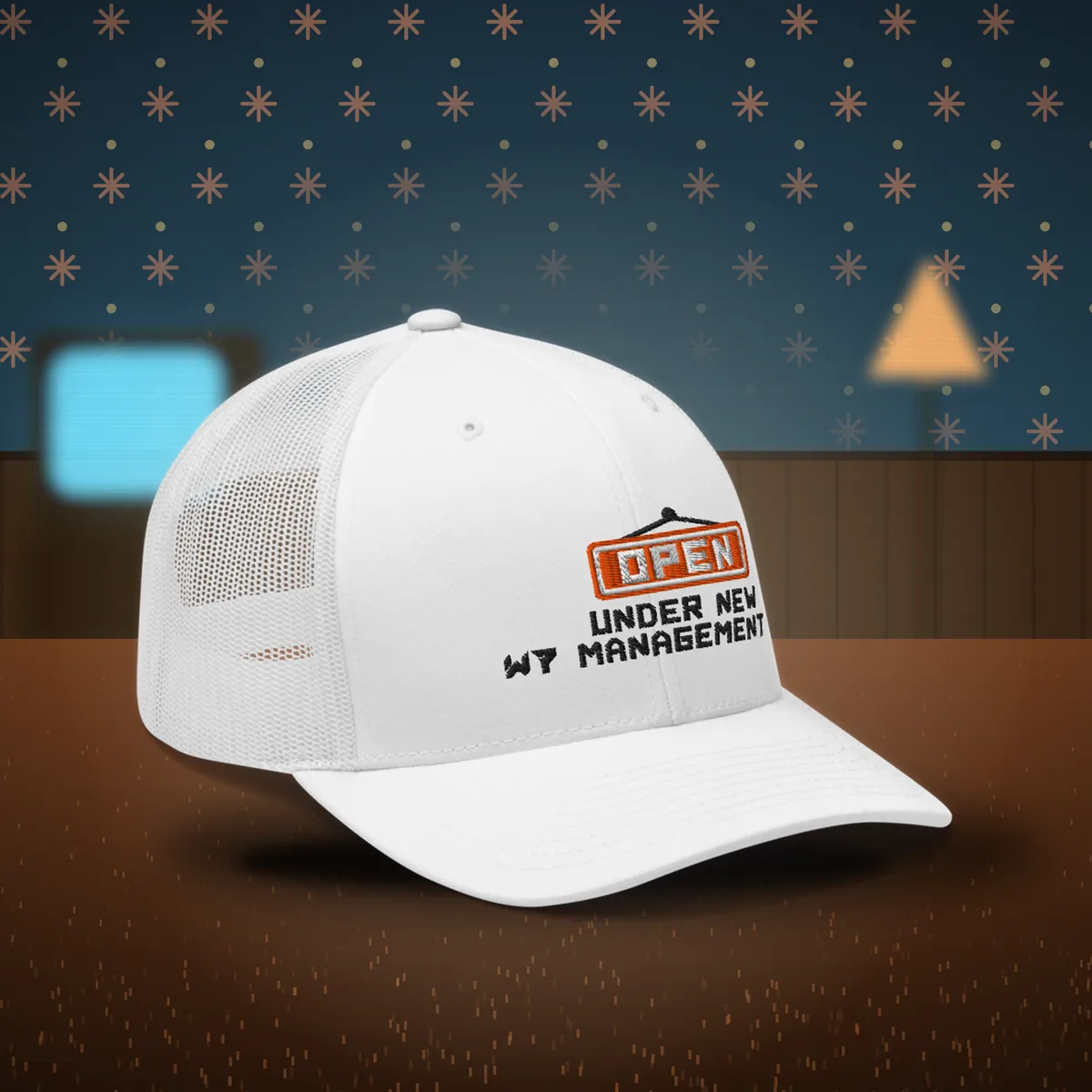 W7 Under New Management Trucker Hat in White, a styled photo