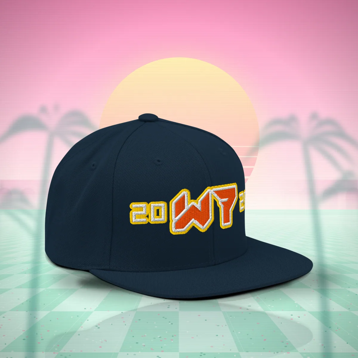 Varsity W7 Snapback Hat in Dark Navy, a styled photo