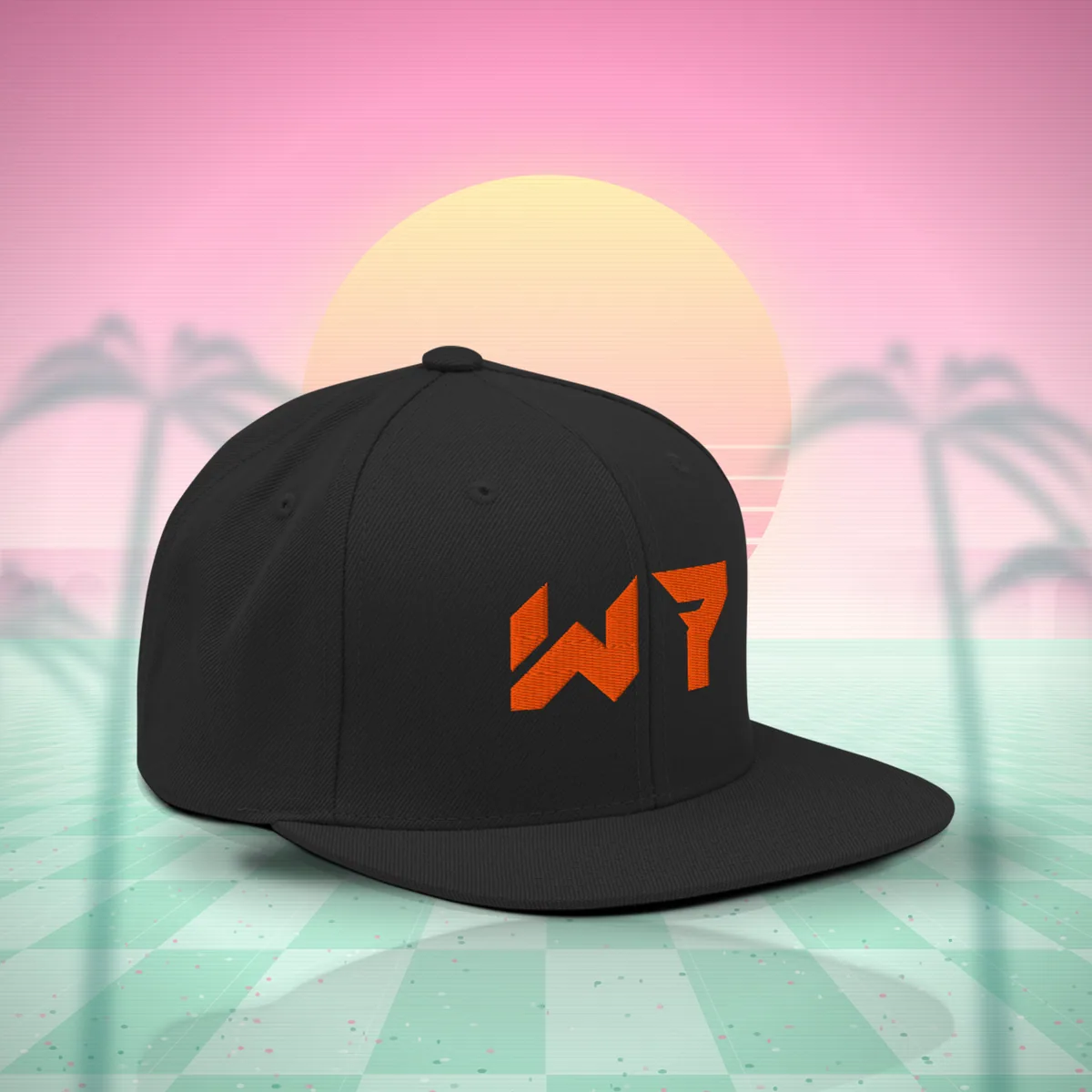 W7 Signature Snapback Hat in Black, a styled photo